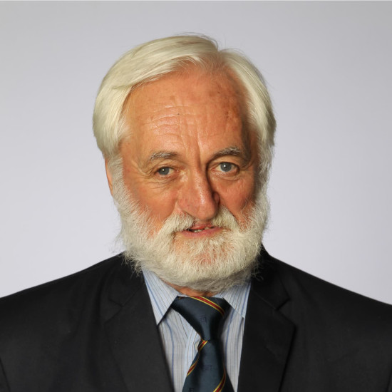 Head and shoulder photo. A man with white hair and beard in dark blue jacket, pale blue shirt and a blue tie with red and gold stripes is standing in front of a neutral grey background.